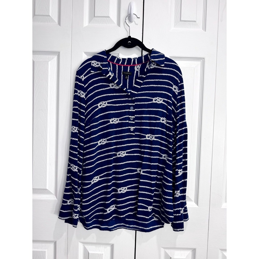 Talbots Top Women's Medium Blue Nautical Knots Long Sleeve Half Buttons Cruise